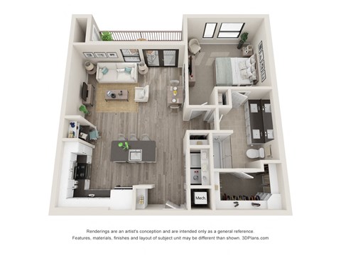 Floor plan for 1 bed, 1 bath, 901 sqft